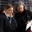 ST. CATHARINES, CANADA - JANUARY 12: Switzerland assistant coach Margot Page shows head coach Andrea Kroni a play she drew up piror to relegation round action against France at the 2016 IIHF Ice Hockey U18 Women's World Championship. (Photo by Jana Chytilova/HHOF-IIHF Images)


